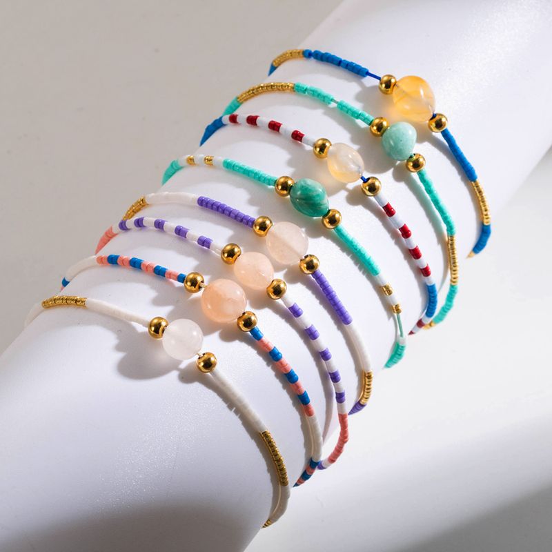Bohemian Round Stainless Steel Beaded Natural Stone Plating Gold Plated Bracelets