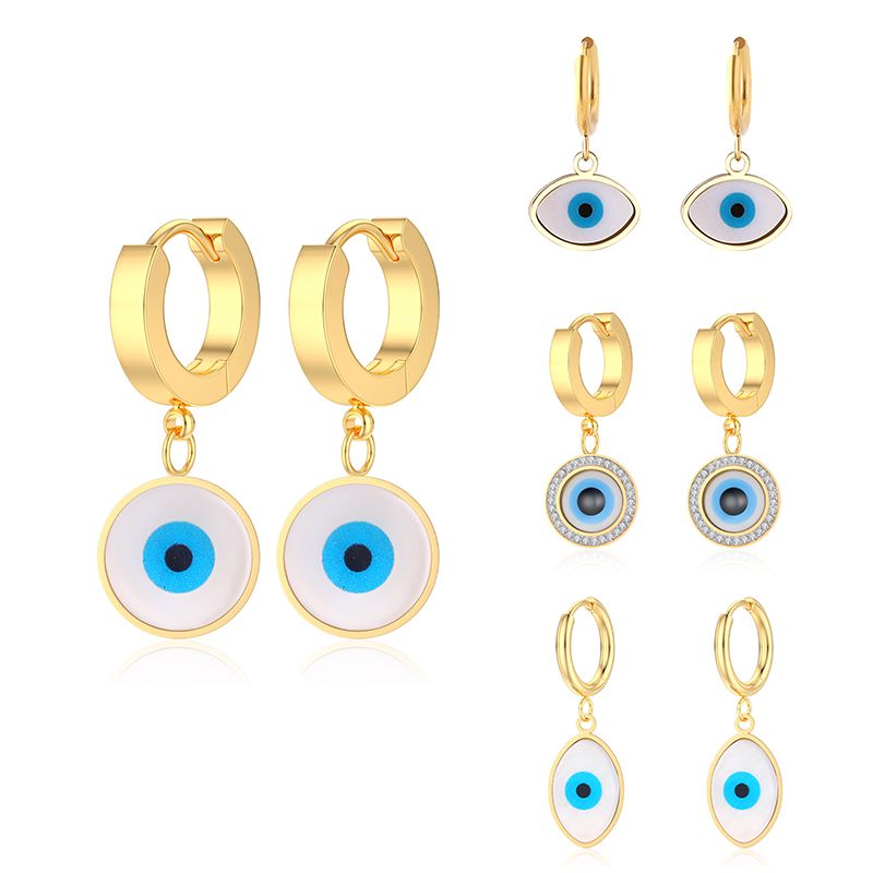 1 Pair Ethnic Style Devil'S Eye Inlay 304 Stainless Steel Rhinestones Shell 18K Gold Plated Drop Earrings