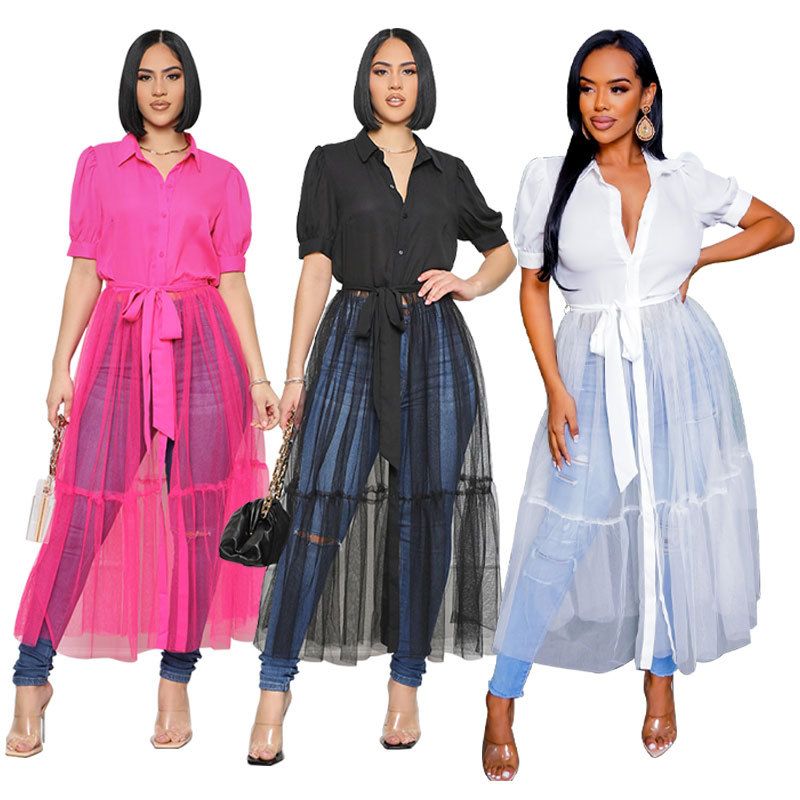 Women's Regular Dress Casual Turndown Patchwork Transparent Short Sleeve Solid Color Maxi Long Dress Daily