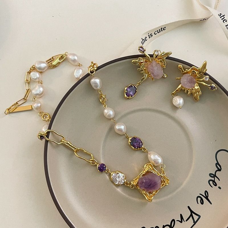 Estilo Vintage Irregular Mariposa Perlas De Agua Dulce Cobre Embutido Cristal Circón Aretes Collar
