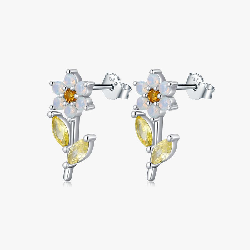 1 Pair Elegant Flower Sterling Silver Plating Inlay Crystal Zircon Rhodium Plated Ear Studs