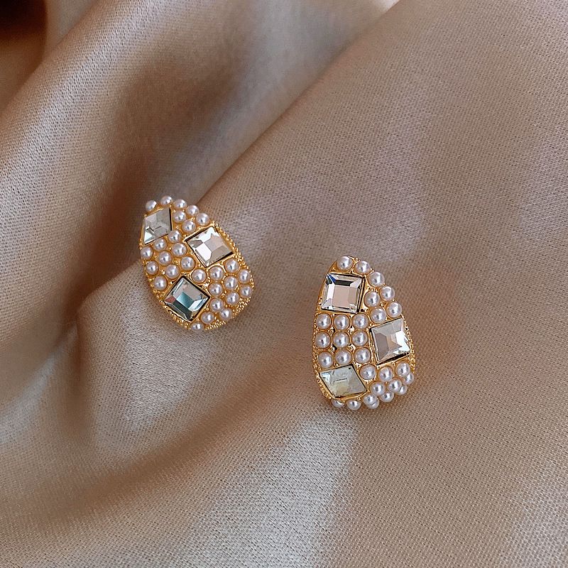 1 Pair Elegant Water Droplets Inlay Alloy Artificial Pearls Artificial Diamond Ear Studs