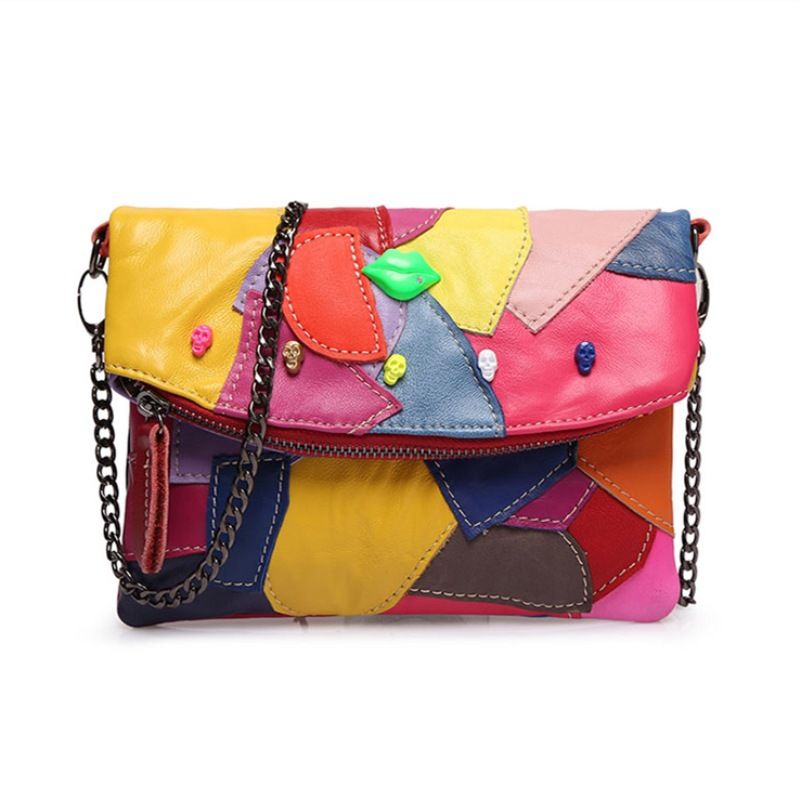 Women's Small Summer Leather Color Block Classic Style Square Zipper Square Bag