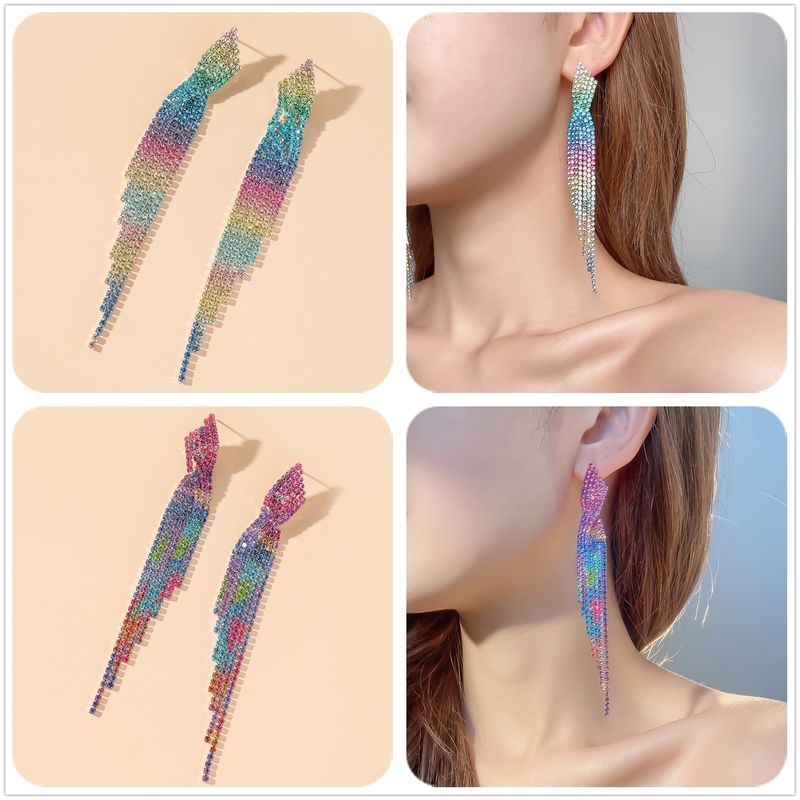 Exaggeration Alloy Rhinestone Gradient Color Earrings Daily Unset Drop Earrings
