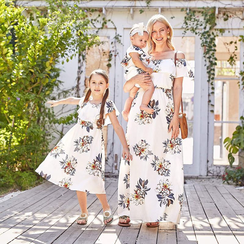 Vacation Flower Polyester Chiffon Skirt Sets Midi Dress Family Matching Outfits
