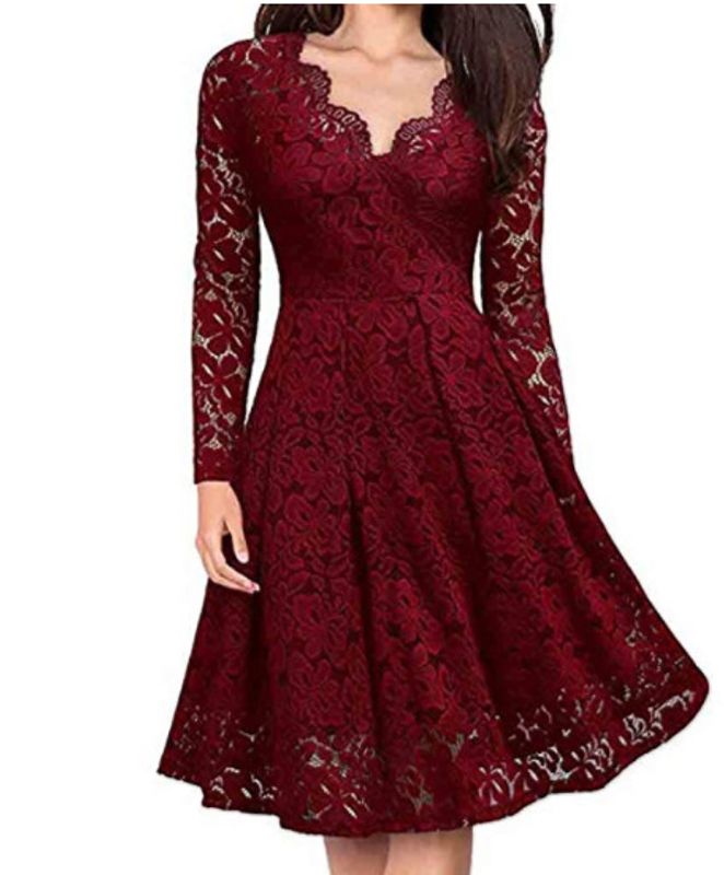 Women's A-line Skirt Casual V Neck Lace Long Sleeve Solid Color Midi Dress Street