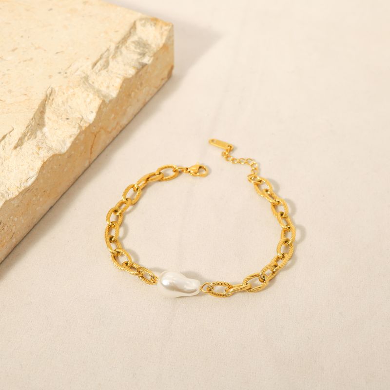 De Gros Style Simple Géométrique Acier Au Titane Plaqué Or 18k Perles Artificielles Bracelets
