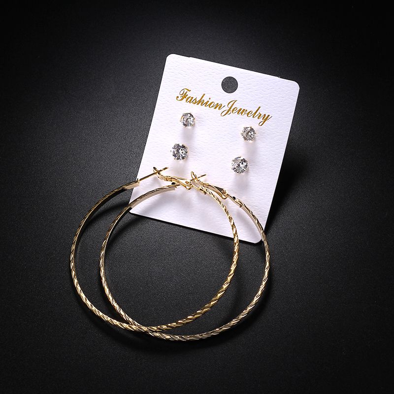 Wholesale Jewelry 3 Pairs Exaggerated Circle Alloy Zircon Earrings