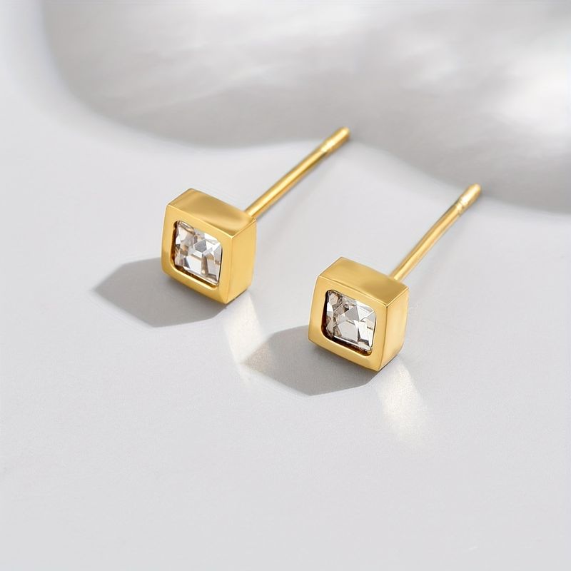 1 Pair Simple Style Square Plating Inlay 304 Stainless Steel Zircon 14K Gold Plated Ear Studs