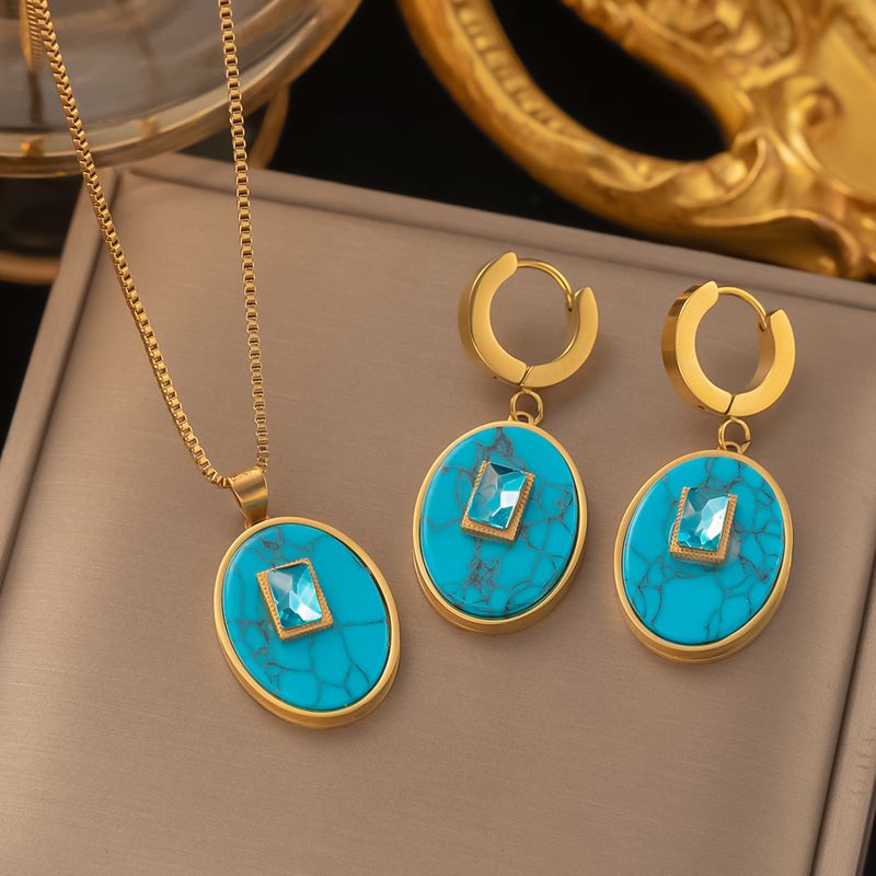 304 Stainless Steel 18K Gold Plated Retro Plating Inlay Oval Rectangle Artificial Rhinestones Resin Earrings Necklace