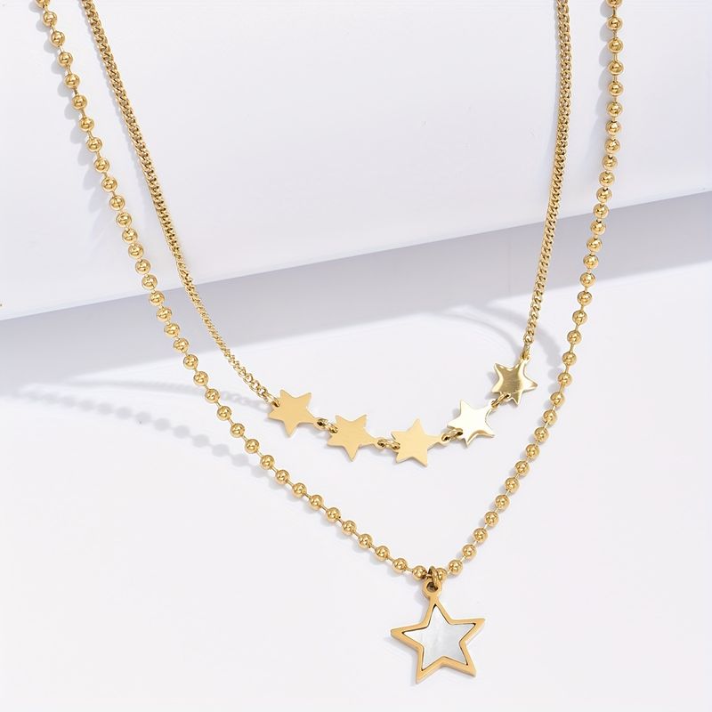304 Stainless Steel 14K Gold Plated Korean Style Plating Inlay Pentagram Shell Layered Necklaces