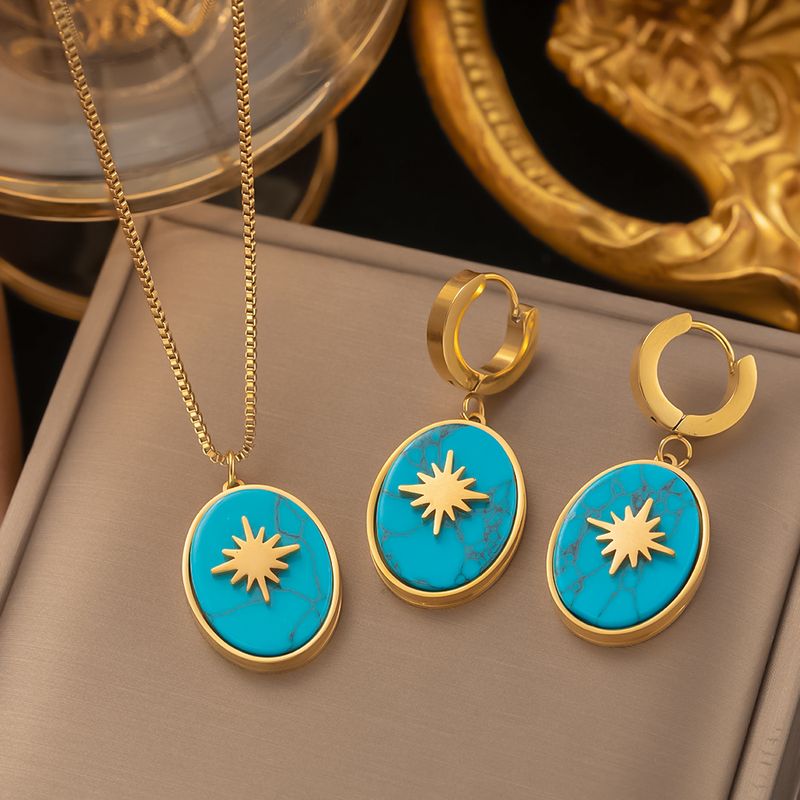 304 Stainless Steel 18K Gold Plated Retro Plating Inlay Star Oval Resin Earrings Necklace