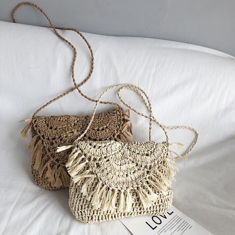 Women's Medium Straw Solid Color Basic Square Zipper Crossbody Bag