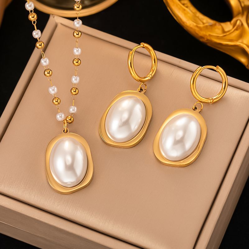 304 Stainless Steel 18K Gold Plated Baroque Style Plating Inlay Oval Plastic Earrings Necklace