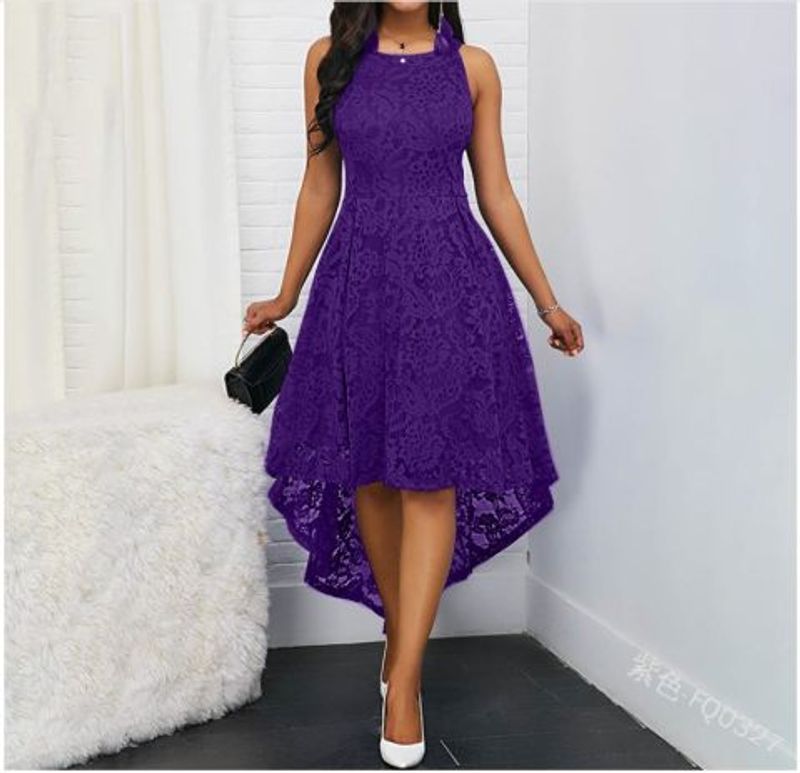 Femmes Robe En Dentelle Élégant Col Rond Asymétrique Sans Manches Couleur Unie Fleur Robe Mi-longue Du Quotidien