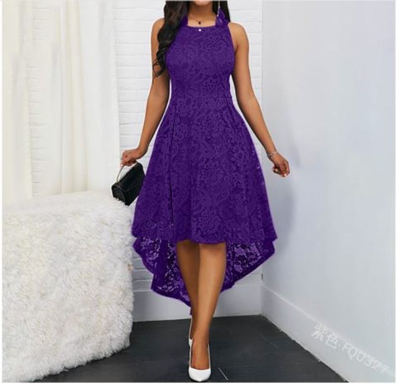 Women's Lace Dress Elegant Round Neck Asymmetrical Sleeveless Solid Color Flower Midi Dress Daily