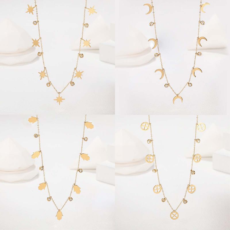 201 Stainless Steel 18K Gold Plated Retro Plating Inlay Four Leaf Clover Palm Moon Zircon Necklace