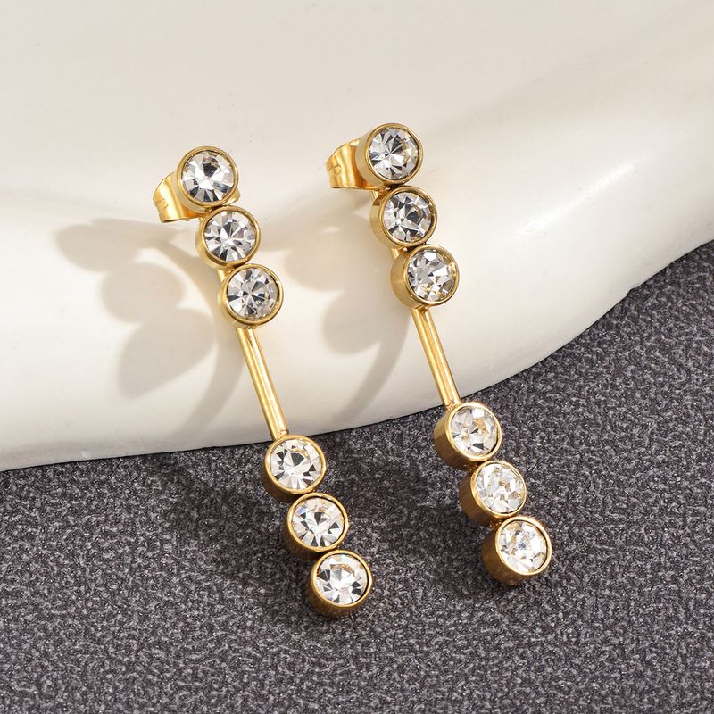 1 Pair Elegant Round Plating Inlay 304 Stainless Steel Artificial Rhinestones 14K Gold Plated Drop Earrings