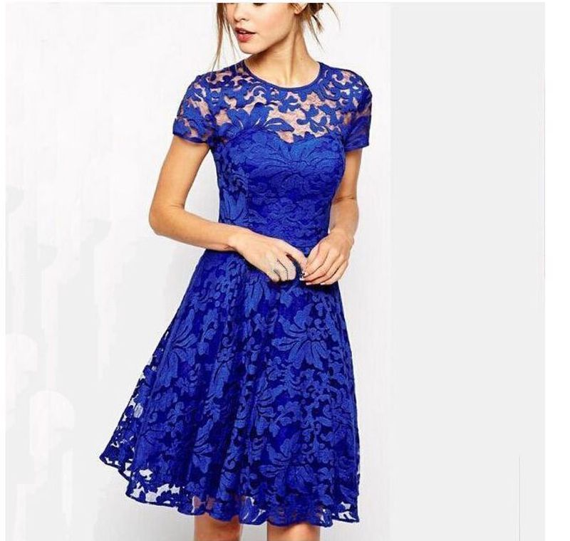 Women's A-line Skirt Lace Dress Basic Simple Style Round Neck Lace Short Sleeve Solid Color Above Knee Family Gathering Party Festival