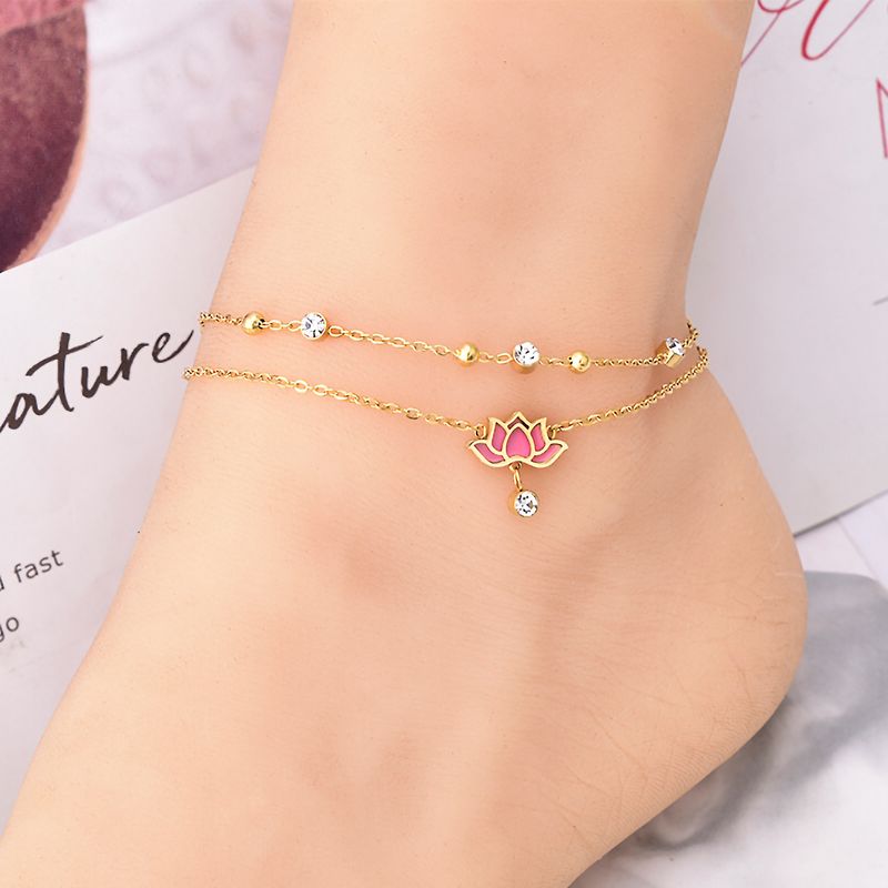 Y2k Hawaiian Beach Lotus Stainless Steel Layered Artificial Gemstones 18k Gold Plated Platinum Plated Women's Anklet