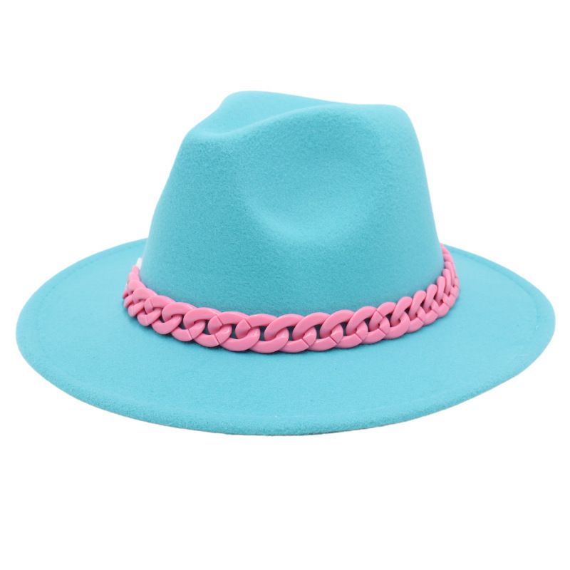 Unisex British Style Color Block Chain Chain Big Eaves Fedora Hat