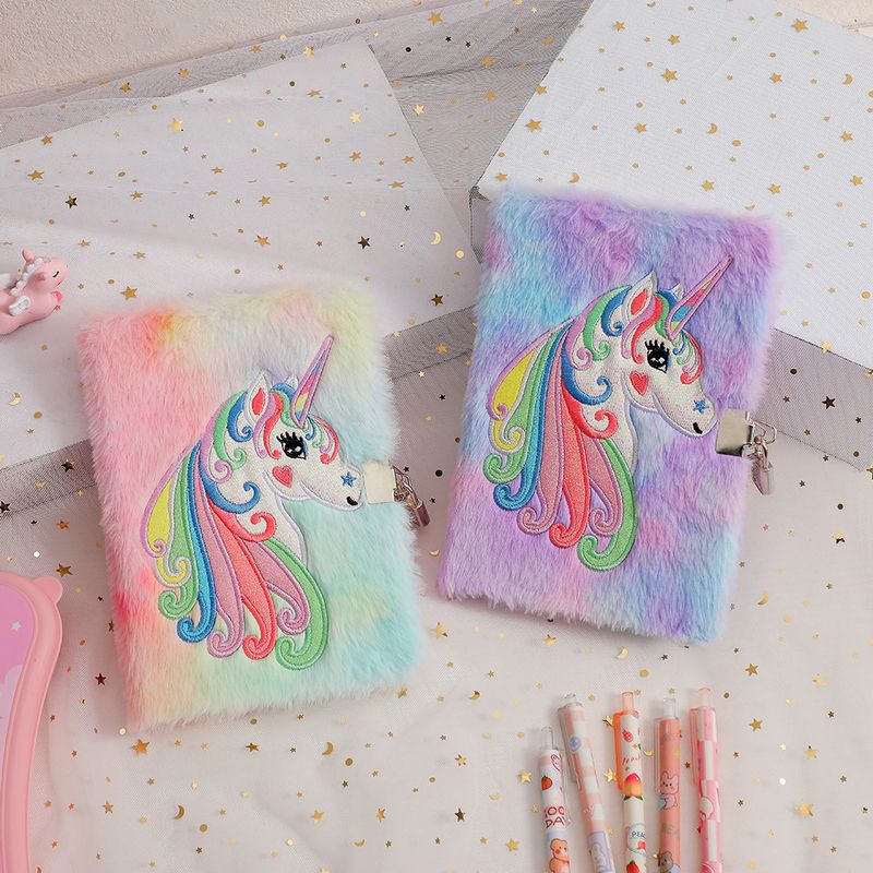 A5 New Unicorn Cartoon Plush With Lock Notebook Student Cute Journal Book Children's Diary Gift Book