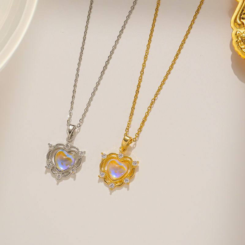 Wholesale Simple Style Heart Shape Titanium Steel Crystal Pendant Necklace