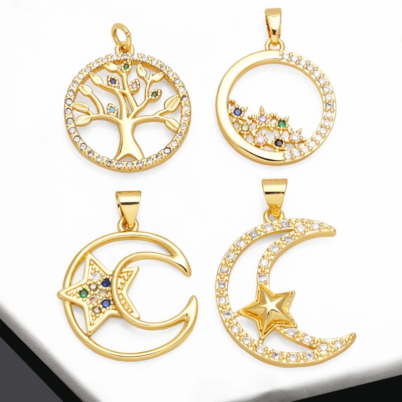 Ins Style Star Moon Tree Copper Plating Inlay Zircon 18k Gold Plated Pendants Jewelry Accessories