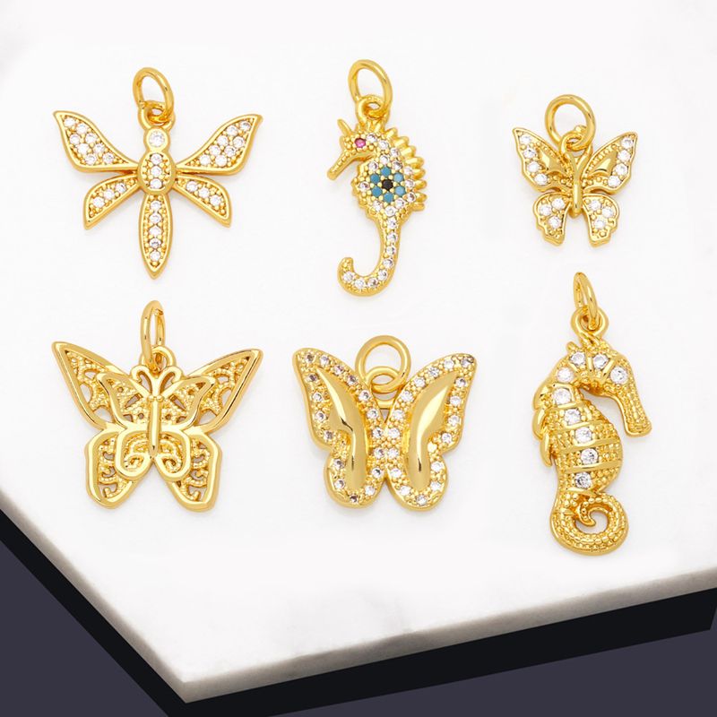 Ins Style Hippocampus Dragonfly Butterfly Copper Plating Inlay Zircon 18k Gold Plated Pendants Jewelry Accessories