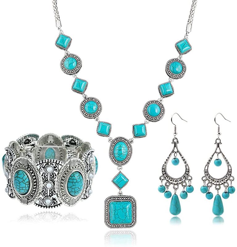 Retro Square Oval Water Droplets Alloy Inlay Turquoise Women's Bracelets Earrings Necklace