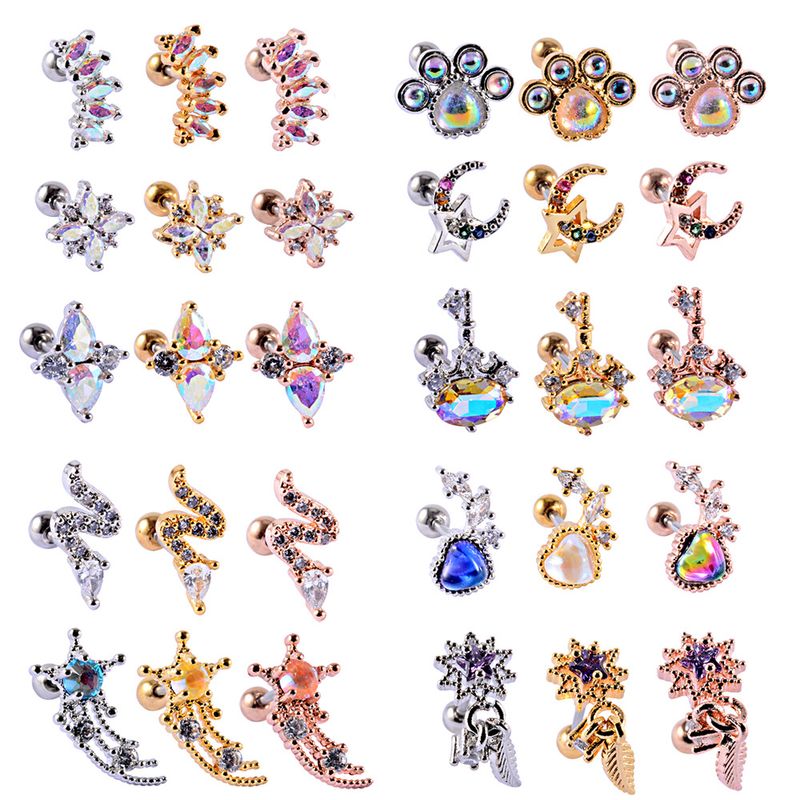 1 Piece Simple Style Waves Heart Shape Butterfly Plating Inlay Stainless Steel Artificial Gemstones Ear Studs