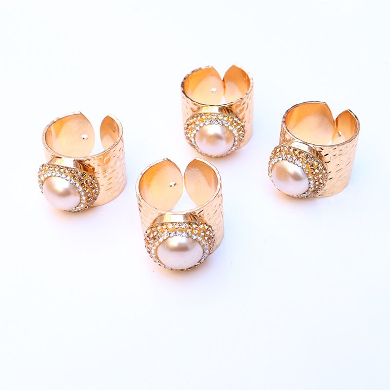 Simple Style Round Metal Handmade Inlay Rhinestones Pearl Open Ring