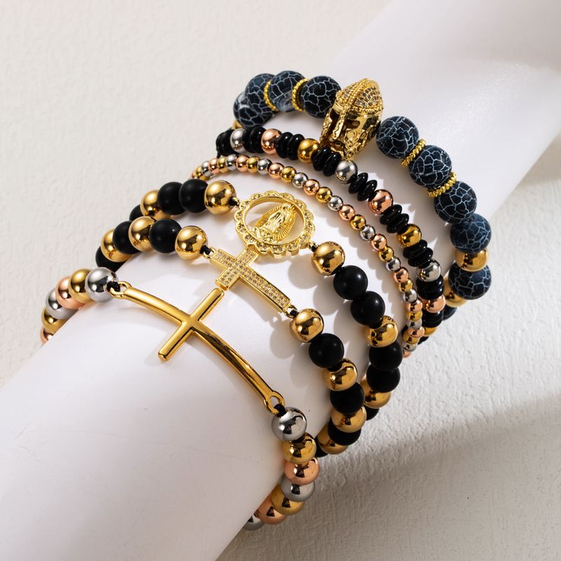 Ins Style Human Cross Stainless Steel Stone Beaded Plating Inlay Artificial Gemstones Gold Plated Bracelets