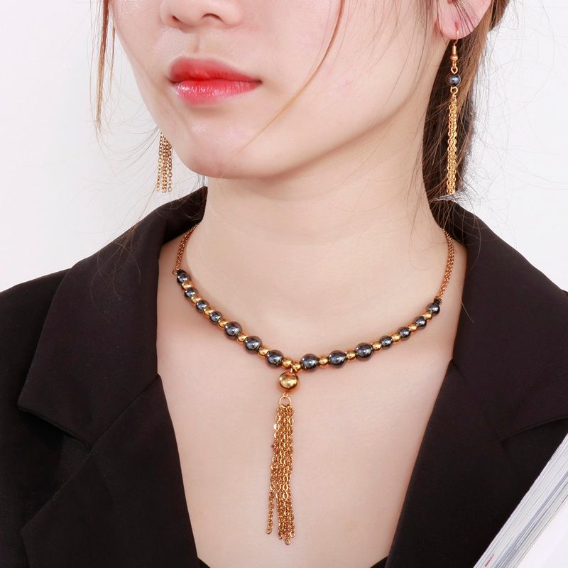 Titan Stahl 18 Karat Vergoldet Retro Inlay Quaste Achat Ohrringe Halskette