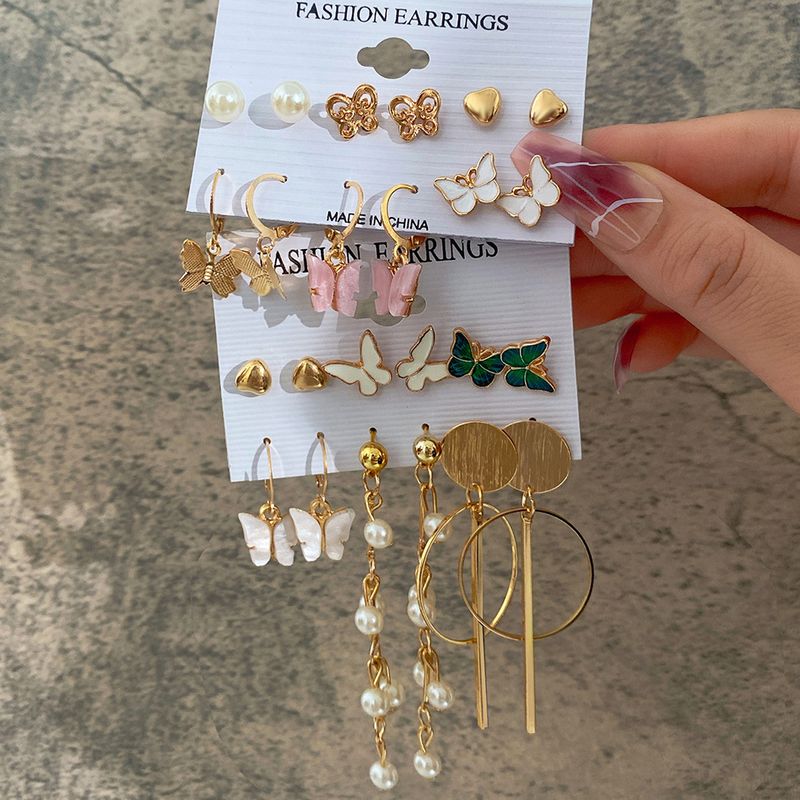 Wholesale Jewelry 1 Set Retro Round Heart Shape Butterfly Imitation Pearl Alloy Shell Earrings