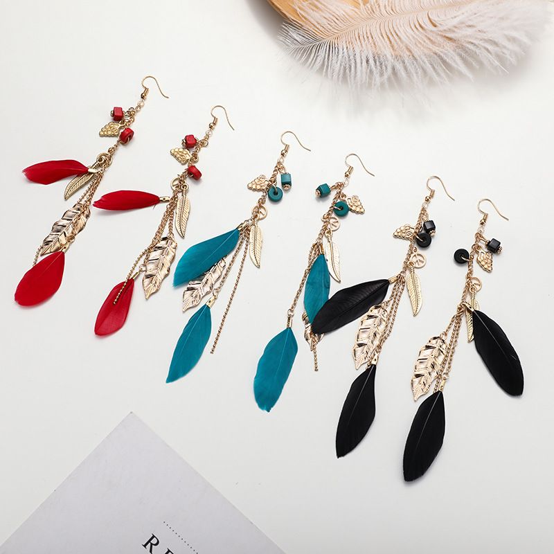 Wholesale Jewelry 1 Pair Ethnic Style Color Block Feather Drop Earrings
