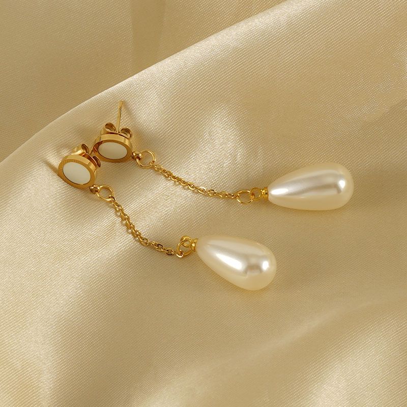 1 Pair Elegant Water Droplets Inlay Stainless Steel Artificial Pearls Shell 18K Gold Plated Drop Earrings