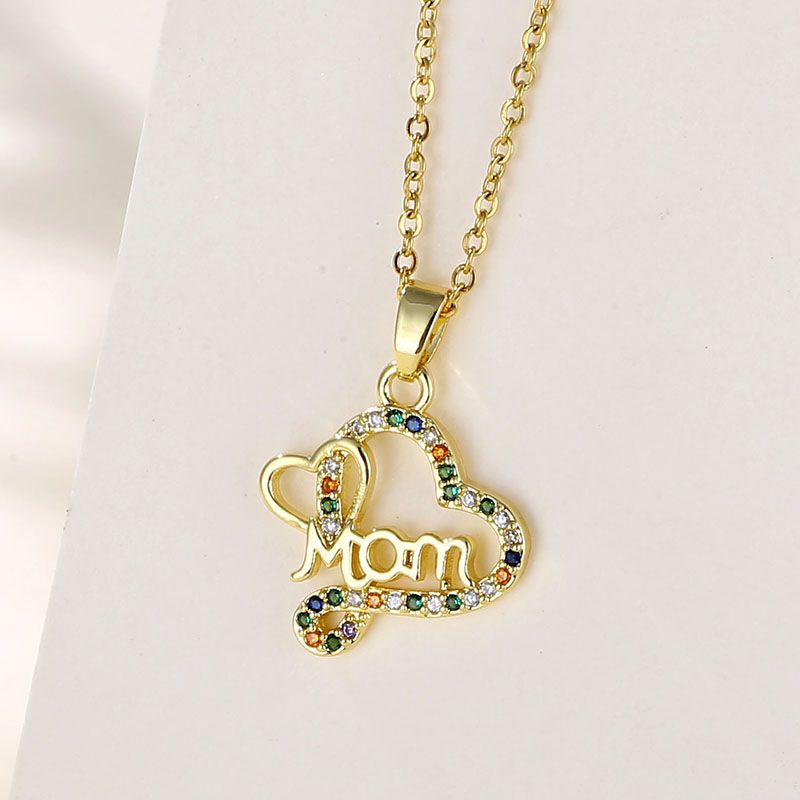 Stainless Steel Titanium Steel 18K Gold Plated MAMA Modern Style Plating Inlay Letter Heart Shape Zircon Pendant Necklace
