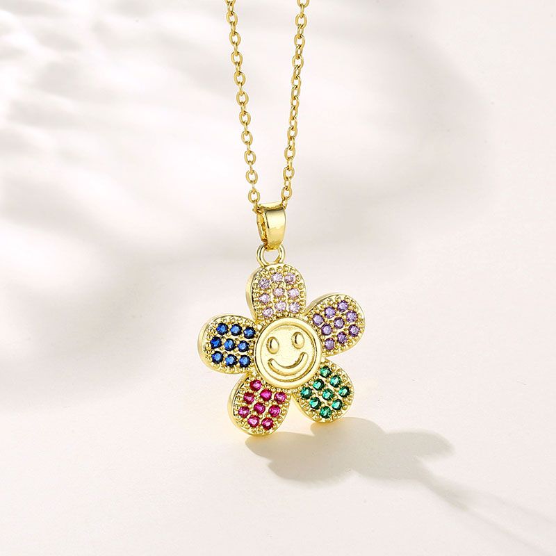 Wholesale Artistic Smiley Face Flower Stainless Steel Titanium Steel 18k Gold Plated Gold Plated Zircon Pendant Necklace