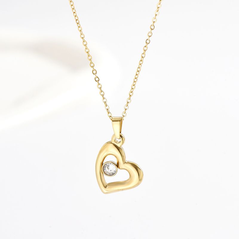 Wholesale Elegant Heart Shape Stainless Steel 14k Gold Plated Artificial Rhinestones Pendant Necklace