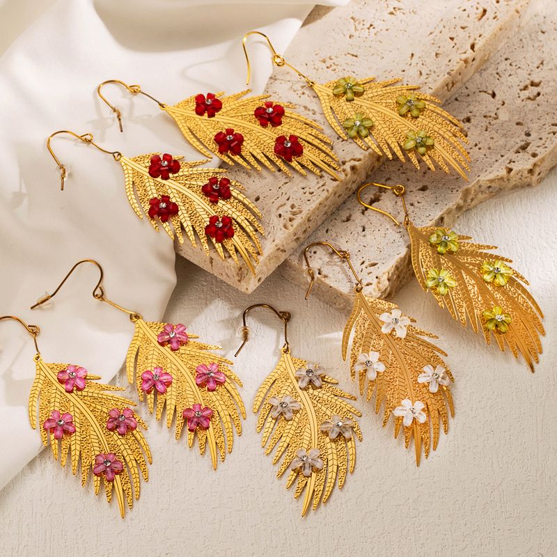 1 Piece Exaggerated Leaves Flower Inlay Stainless Steel Acrylic Rhinestones Gold Plated Drop Earrings