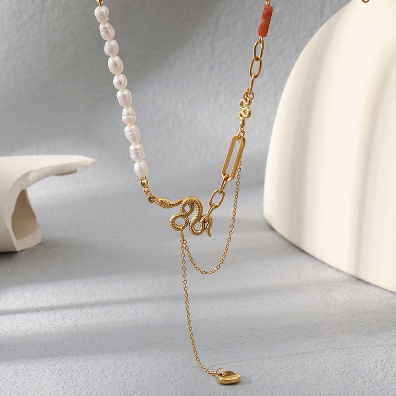 Sweet Heart Shape Snake Stainless Steel Freshwater Pearl Plating 18k Gold Plated Necklace