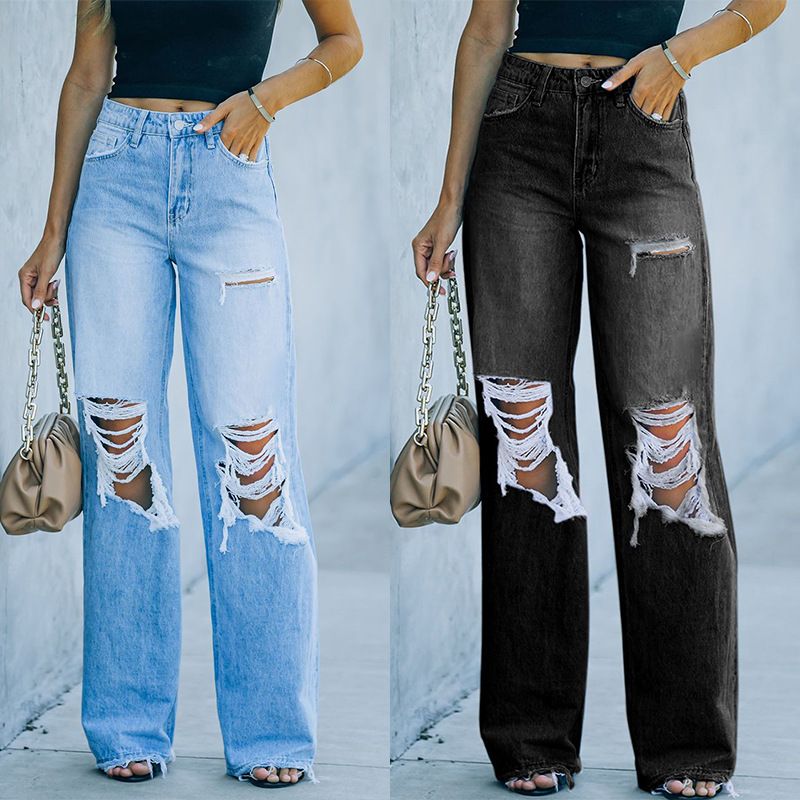 Women's Holiday Streetwear Solid Color Full Length Washed Jeans Wide Leg Pants