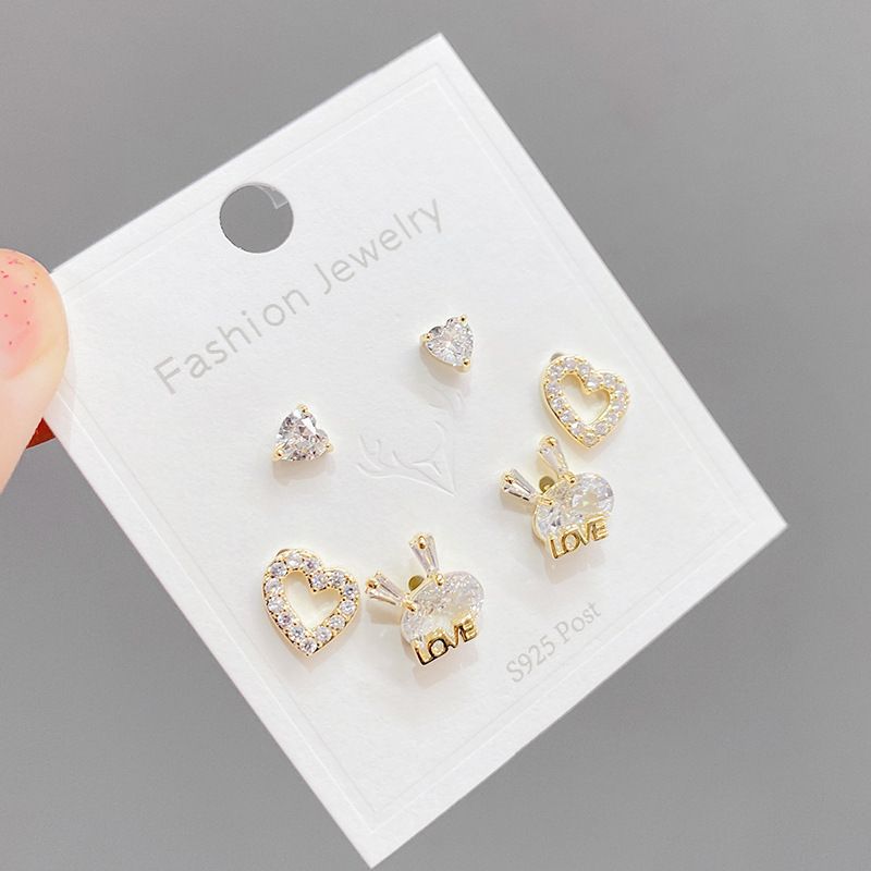 1 Set Heart Shape Copper Inlay Gem Earrings