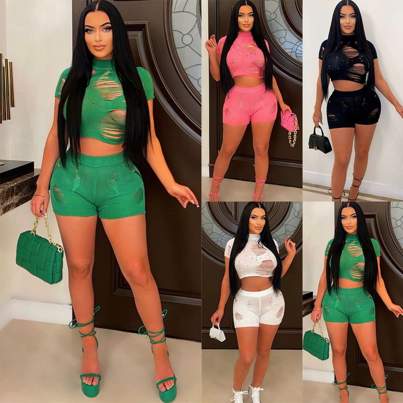 Women's Casual Solid Color Polyester Ripped Shorts Sets