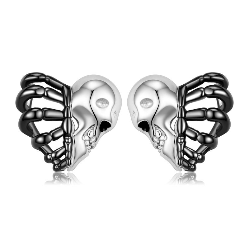 1 Pair Cool Style Heart Shape Skull Sterling Silver Enamel Plating Hollow Out Ear Studs