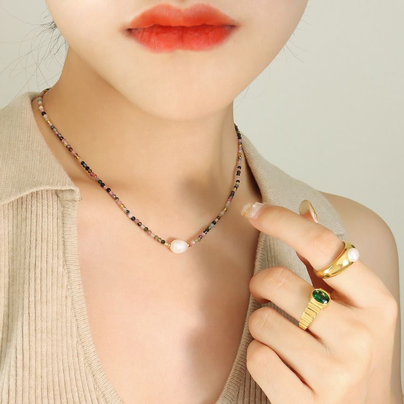 Mode Geometrisch Ein Naturstein Titan Stahl Perlen Süßwasserperle Halskette