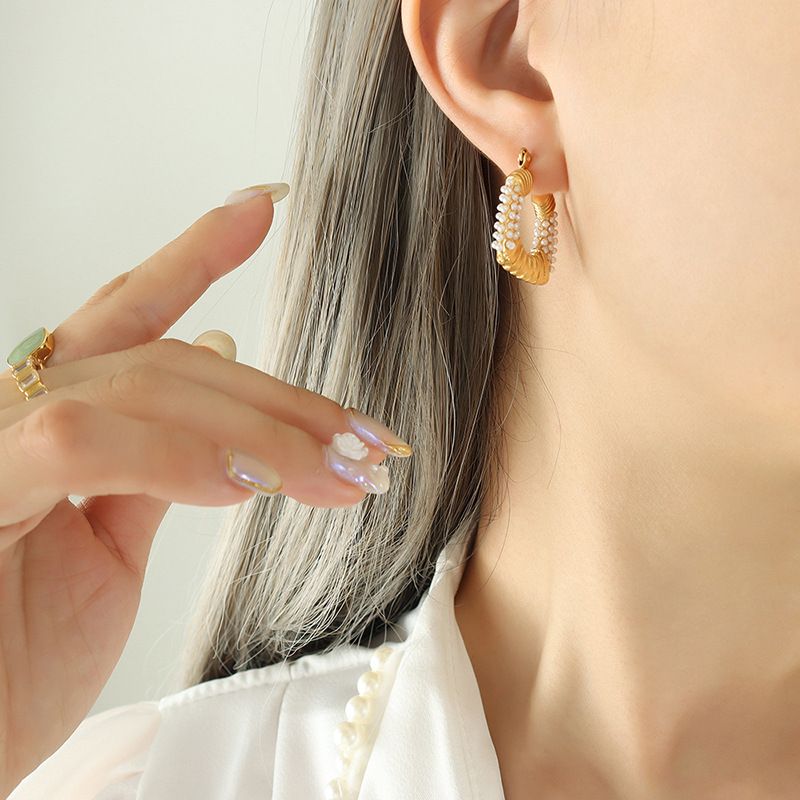 1 Pair Simple Style U Shape Titanium Steel Plating Inlay Artificial Pearls Earrings