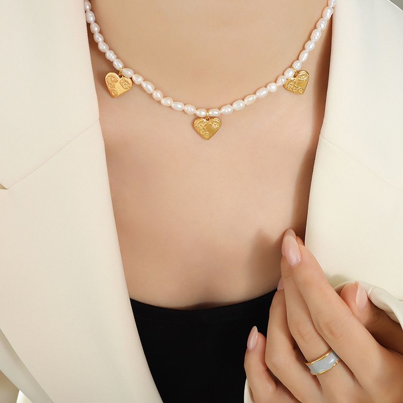 Elegante Forma De Corazón Perlas De Agua Dulce Acero Titanio Con Cuentas Collar