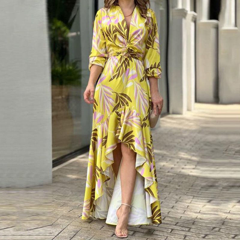 Women's Irregular Skirt Elegant V Neck Printing Long Sleeve Leaf Maxi Long Dress Daily